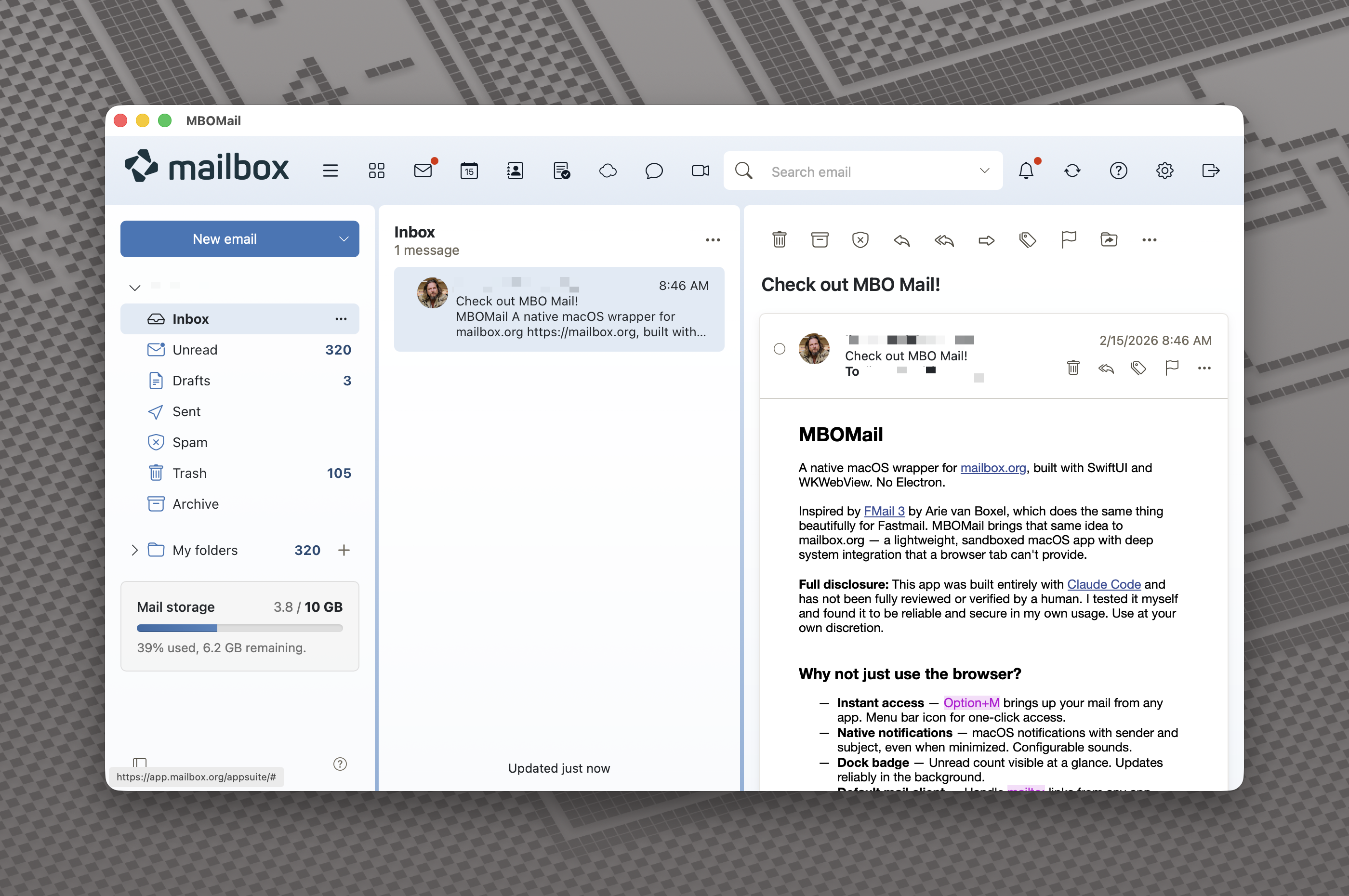 MBOMail showing the mailbox.org inbox as a native macOS window